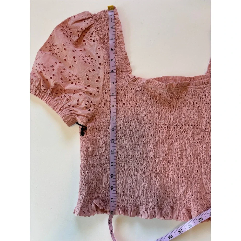 NEW ASTR Smocked Eyelet Puff Sleeve Top Peachy Pink Womens Large Coquette Pastel